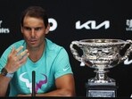 Spain's Rafael Nadal sits alongside the trophy during a press conference after winning the final against Russia's Daniil Medvedev (REUTERS)