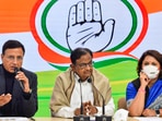 Former Union finance minister and Congress leader P. Chidambaram and Randeep Singh Surjewala during a press conference.