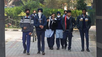 Students leaving after attending classes at Government Model Senior Secondary School in Sector 32, Chandigarh, on Monday. (Ravi Kumar/HT)