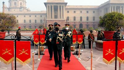 Newly appointed Vice Chief of Army Staff Lt General Manoj Pande arrives at South Block to take charge. (ANI)