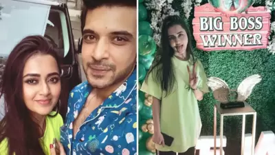 Tejasswi Prakash and Karan Kundrra celebrated her Bigg Boss 15 win together at his house. Tejasswi Prakash and Karan Kundrra celebrated her Bigg Boss 15 win together at his house.