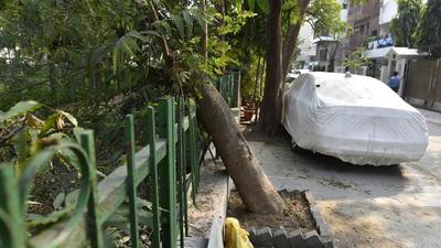New Delhi, India - Feb. 6, 2019: A view of blocked footpath at Vasant Vihar in New Delhi, India, on Wednesday, February 6, 2019. (Photo by Sanchit Khanna/ Hindustan Times) (Sanchit Khanna/HT PHOTO)