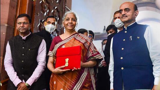 Union finance minister Nirmala Sitharaman at the Parliament for the presentation of the Union Budget. (PTI)