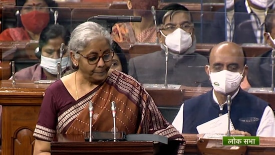 Union finance minister presenting the Union Budget 2022 in the Lok Sabha on Tuesday.(ANI Photo)