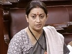Union minister for women and child development Smriti Irani speaks in the Rajya Sabha during the Budget Session of Parliament in New Delhi on Wednesday. (ANI) Union minister for women and child development Smriti Irani speaks in the Rajya Sabha during the Budget Session of Parliament in New Delhi on Wednesday. (ANI)