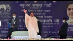 Bahujan Samaj Party (BSP) Chief Mayawati waves to the supporters during an election rally, at Kothi Meena Bazar Ground, in Agra on Wednesday. (ANI)
