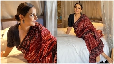Vidya Balan, the queen of ethnic fashion, has the best outfit for you this Saraswati Puja 2022. A maroon mulberry silk saree with a black blouse will give you the earthy chic look if that's what you are looking for. (Instagram/@balanvidya) Vidya Balan, the queen of ethnic fashion, has the best outfit for you this Saraswati Puja 2022. A maroon mulberry silk saree with a black blouse will give you the earthy chic look if that's what you are looking for. (Instagram/@balanvidya)