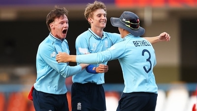 England U19 players after the win over Afghanistan in the semi-final. (Twitter/ICC) England U19 players after the win over Afghanistan in the semi-final. (Twitter/ICC)