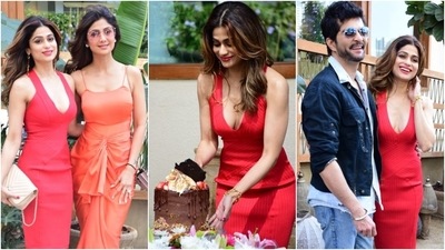 Shamita Shetty is celebrating her 43rd birthday today, February 2. She hosted a star-studded bash in Mumbai, attended by her sister Shilpa Shetty and her husband Raj Kundra, boyfriend Raqesh Bapat, and Bigg Boss 15 co-contestants like Umar Riaz, Pratik Sehajpal and others. The paparazzi clicked the stars outside a restaurant in Mumbai, where Shamita hosted her birthday party. Keep scrolling to see what the birthday girl and her sister wore for the occasion. (HT Photo/Varinder Chawla) Shamita Shetty is celebrating her 43rd birthday today, February 2. She hosted a star-studded bash in Mumbai, attended by her sister Shilpa Shetty and her husband Raj Kundra, boyfriend Raqesh Bapat, and Bigg Boss 15 co-contestants like Umar Riaz, Pratik Sehajpal and others. The paparazzi clicked the stars outside a restaurant in Mumbai, where Shamita hosted her birthday party. Keep scrolling to see what the birthday girl and her sister wore for the occasion. (HT Photo/Varinder Chawla)