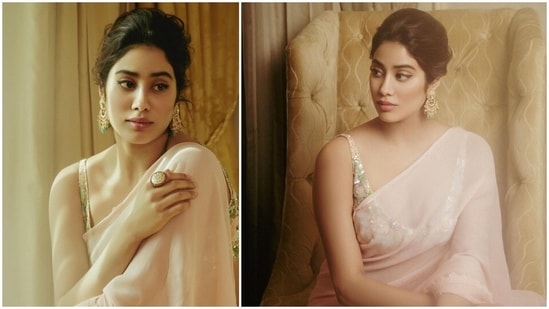 Keep it simple yet chic like Janhvi Kapoor by styling a plain saree with a gorgeous blouse and minimal jewellery.(Instagram/@janhvikapoor)