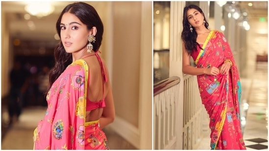 You can opt for popping vibrant colours like bright pinks and yellows. In this picture, Sara Ali Khan styled her gorgeous embroidered saree with yellow pipping with a sleeveless pink blouse.(Instagram/@saraalikhan95)