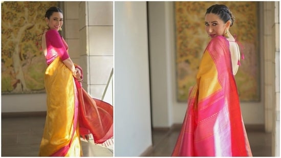 Banarasi sarees can never go out of fashion and Karisma Kapoor tells you why. Wear minimal makeup and accessorise your look with just a pair of jhumkas. A backless blouse is a perfect match to compliment your desi attire.(Instagram/@therealkarismakapoor)