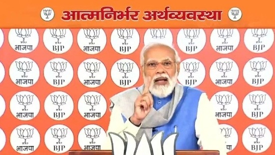Prime Minister Narendra Modi addresses Bharatiya Janata Party (BJP) workers on Wednesday, February 2, 2022.&nbsp;(Photo via @PBNS_India on Twitter)