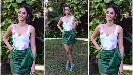 Actor Ananya Panday looks chic in bottle green leather skirt. (Varinder Chawla)