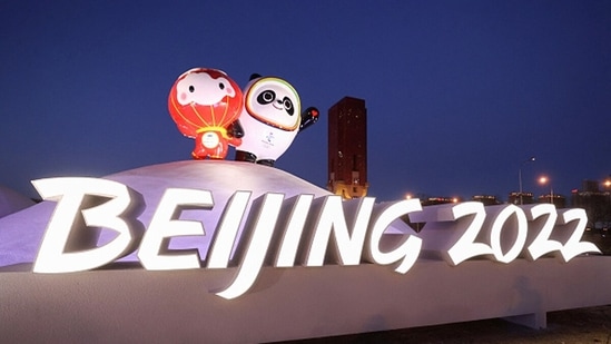 An illuminated installation of Beijing 2022 Winter Olympics mascot Bing Dwen Dwen and Winter Paralympics Shuey Rhon. (Getty)
