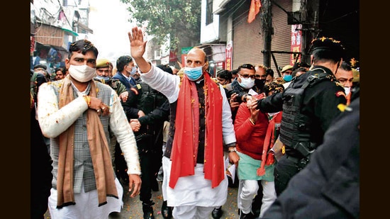 Union defence minister Rajnath Singh campaigns in Pilibhit on Wednesday. (ANI)