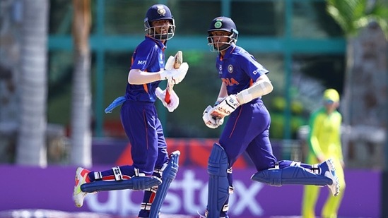 Yash Dhull and Shaik Rasheed of India run between the wicket. (Getty) Yash Dhull and Shaik Rasheed of India run between the wicket. (Getty)