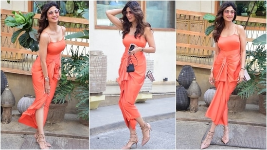 Shilpa Shetty served a jaw-dropping look at her sister's birthday bash. The star, known for her experimental sartorial sense, wore an asymmetric dress and turned Mumbai into her personal runway.(HT Photo/Varinder Chawla)