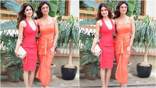 Shilpa wore a spaghetti-strapped dress featuring a wide U neckline, figure-skimming fit, gathered detail forming pleats on the front, an asymmetric hemline, and a cinched waist. The star teamed the look with nude embellished heels, a matching shoulder bag, and tinted sunglasses.(HT Photo/Varinder Chawla)