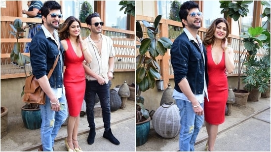 Raqesh Bapat attended his girlfriend's party looking dapper in a white collared shirt, dark blue denim jacket, and light blue jeans. He accessorised the look with sunglasses, an over-the-body bag, and suede shoes.(HT Photo/Varinder Chawla)
