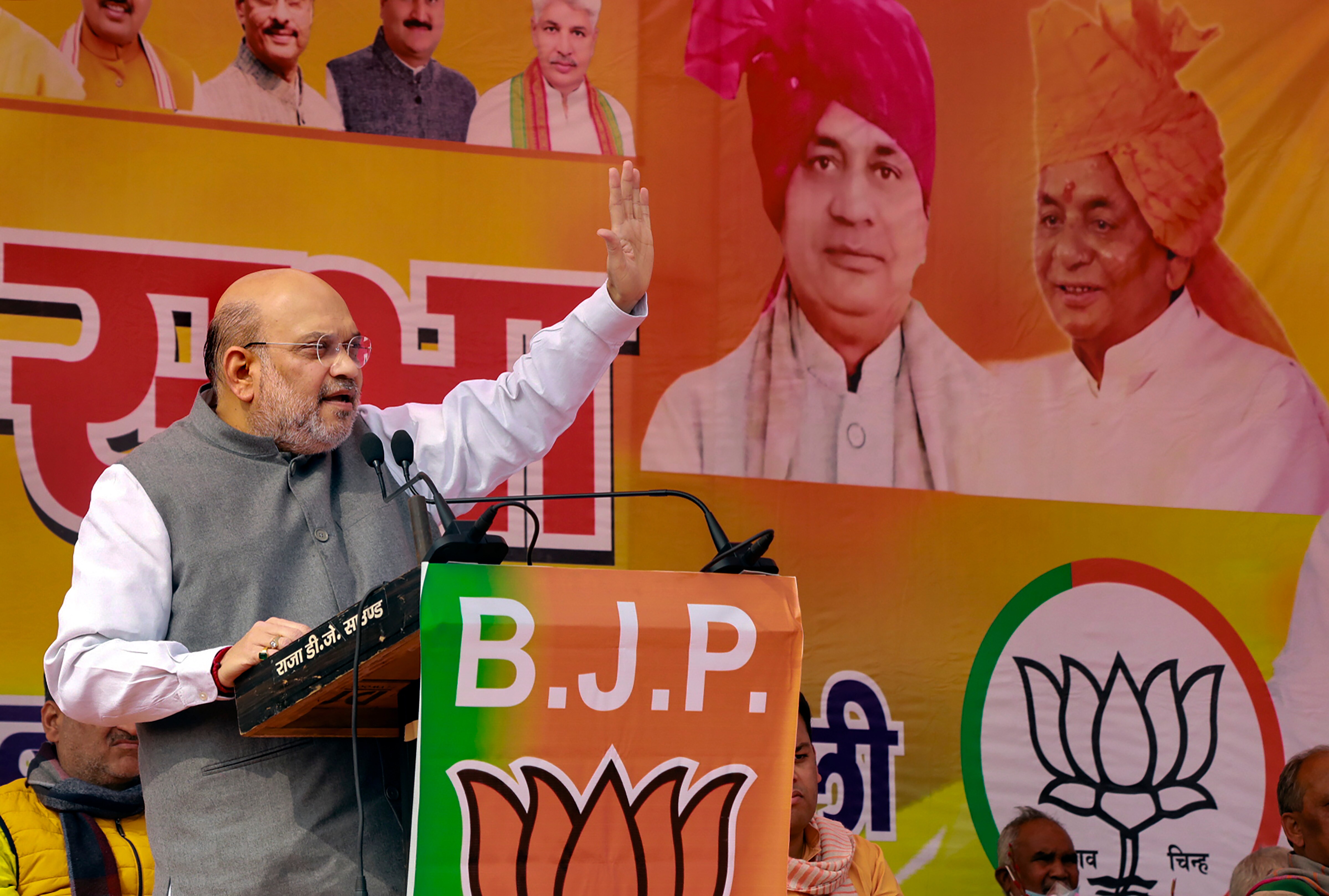 Union home minister Amit Shah addresses a public meeting ahead of the Uttar Pradesh Assembly elections, in Atrauli. (PTI Photo) Union home minister Amit Shah addresses a public meeting ahead of the Uttar Pradesh Assembly elections, in Atrauli. (PTI Photo)