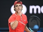 Lorenzo Musetti of Italy celebrates after winning a point. Lorenzo Musetti of Italy celebrates after winning a point. 
