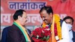 BJP chief JP Nadda with deputy chief minister Keshav Prasad Maurya at a public meeting for the UP polls in Kaushambi on Thursday. (ANI Photo)