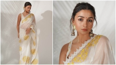 Alia Bhatt made heads turn at the promotional event of her upcoming film Gangubai Kathiawadi in an ivory silk organza saree which costs Rs. 36,000. (Deevnagri) Alia Bhatt made heads turn at the promotional event of her upcoming film Gangubai Kathiawadi in an ivory silk organza saree which costs Rs. 36,000. (Deevnagri)