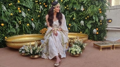 Karishma Tanna is a stylish bride-to-be in a strappy white sharara set on haldi (Instagram/karishmaktanna ) Karishma Tanna is a stylish bride-to-be in a strappy white sharara set on haldi (Instagram/karishmaktanna )