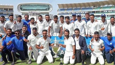 The Saurashtra cricket team after winning the Ranji Trophy. (Saurashtra/Twitter) The Saurashtra cricket team after winning the Ranji Trophy. (Saurashtra/Twitter)