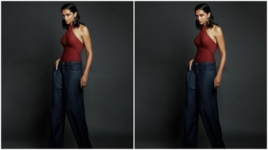 Deepika's top came with midriff-baring halter neck details. She teamed it with a pair of dark blue jeans with wide legs.(Instagram/@deepikapadukone)