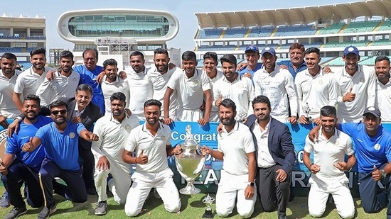 The Saurashtra cricket team after winning the Ranji Trophy. (Saurashtra/Twitter)