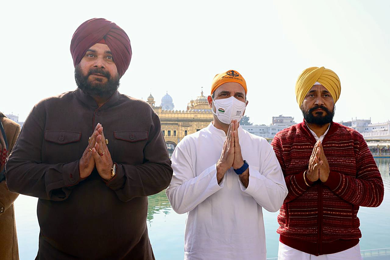 Congress leader Rahul Gandhi with Punjab Chief Minister Charanjit Singh Channi and party State chief Navjot Singh Sidhu pays obeisance at the Golden Temple, in Amritsar on Thursday. (ANI)