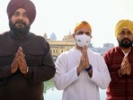 Congress leader Rahul Gandhi with Punjab Chief Minister Charanjit Singh Channi and party State chief Navjot Singh Sidhu pays obeisance at the Golden Temple, in Amritsar on Thursday. (ANI)