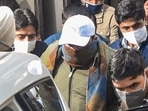 Bhupinder Singh Honey being brought for medical examination after his arrest by the ED, in Jalandhar on Friday. (PTI)