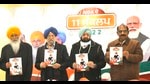 Sukhdev Singh, Hardeep Puri, Capt Amarinder Singh and Ashwani Sharma launching NDA’s 11-point vision document for Punjab assembly polls in Chandigarh on Friday. (Keshav Singh/HT)