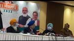 (From left) National Democratic Alliance members Sukhdev Singh Dhindsa, Hardeep Singh Puri, Capt Amarinder Singh and state BJP chief Ashwani Sharma at the press conference to announce the 11 resolutions for Punjab on Friday. (HT Photo)