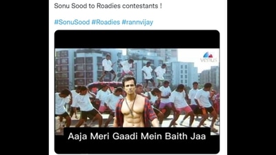 Meme posted by a Twitter user about Sonu Sood and Rannvijay Singha's involvement in the show Roadies. (Twitter/@anmol_banga) Meme posted by a Twitter user about Sonu Sood and Rannvijay Singha's involvement in the show Roadies. (Twitter/@anmol_banga)