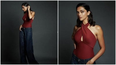 In an earlier promotional look Deepika Padukone looked drop-dead gorgeous in a halter cut-out bodysuit and wide leg denims.&nbsp; (Instagram/@deepikapadukone)