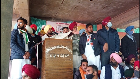 Punjab chief minister Charanjit Singh Channi addressing a gathering in the Bhadaur constituency ahead of the state assembly elections on Friday.