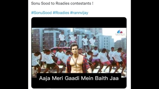 Meme posted by a Twitter user about Sonu Sood and Rannvijay Singha's involvement in the show Roadies.(Twitter/@anmol_banga)
