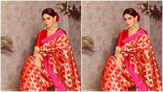 Aamna's red saree came intricately decorated in golden resham threads and a pink border. She paired it with a long-sleeved red blouse.(Instagram/@aamnasharifofficial)