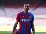 &nbsp;FC Barcelona's new signing Pierre-Emerick Aubameyang poses during the presentation.