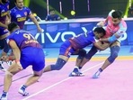 Jaipur Pink Panthers' Arjun Deshwal attempts a raid.