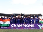 Yash Dhull of India poses with the ICC U19 Men's World Cup Trophy alongside team mates. Yash Dhull of India poses with the ICC U19 Men's World Cup Trophy alongside team mates. 