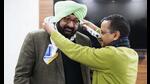 AAP national convener Arvind Kejriwal welcoming former Congress MLA from Qila Raipur constituency Jasbir Singh Khangura into the AAP party fold.