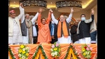 Union Home Minister Amit Shah with chief minister Yogi Adityanath during a public meeting ahead of the UP Assembly elections. They will release the BJP’s Lok Kalyan Sankalp Patra on Sunday. (FILE PHOTO)