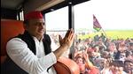 Samajwadi Party chief Akhilesh Yadav greets supporters at workers meeting ahead of the Uttar Pradesh assembly elections, in Mathura on Saturday. (ANI)