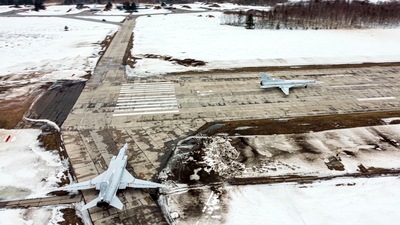 A pair of Tu-22M3 bombers of the Russian air force taxi before takeoff at an air base in Russia. (AP) A pair of Tu-22M3 bombers of the Russian air force taxi before takeoff at an air base in Russia. (AP)