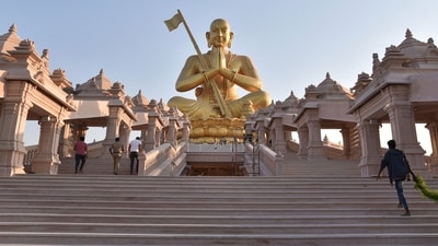 The 216-ft statue of 11th century saint Ramanujacharya ahead of its unveiling ceremony, at Shamshabad, on the outskirts of Hyderabad, on Monday. (PTI Photo) The 216-ft statue of 11th century saint Ramanujacharya ahead of its unveiling ceremony, at Shamshabad, on the outskirts of Hyderabad, on Monday. (PTI Photo)